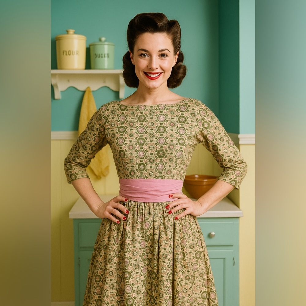 Vintage-Inspired Green Midi Dress with Pink Sash